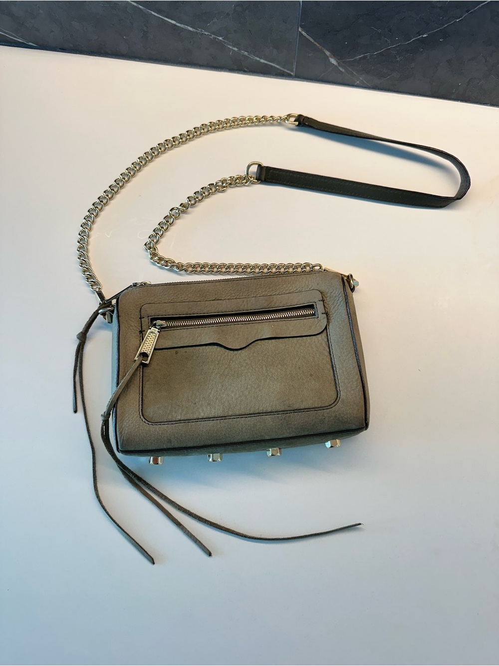 Rebecca Minkoff Suede Crossbody Bag in Green with Gold Chain Strap